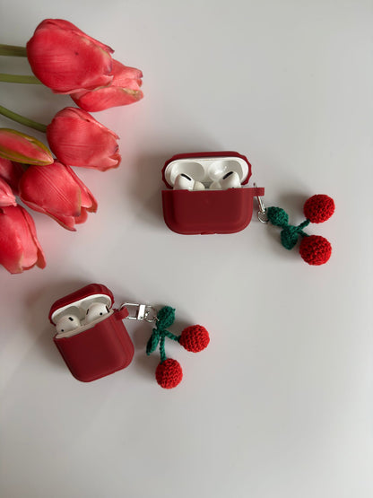 Adorable Burgundy Air pods Case with Cute Crochet Cherries