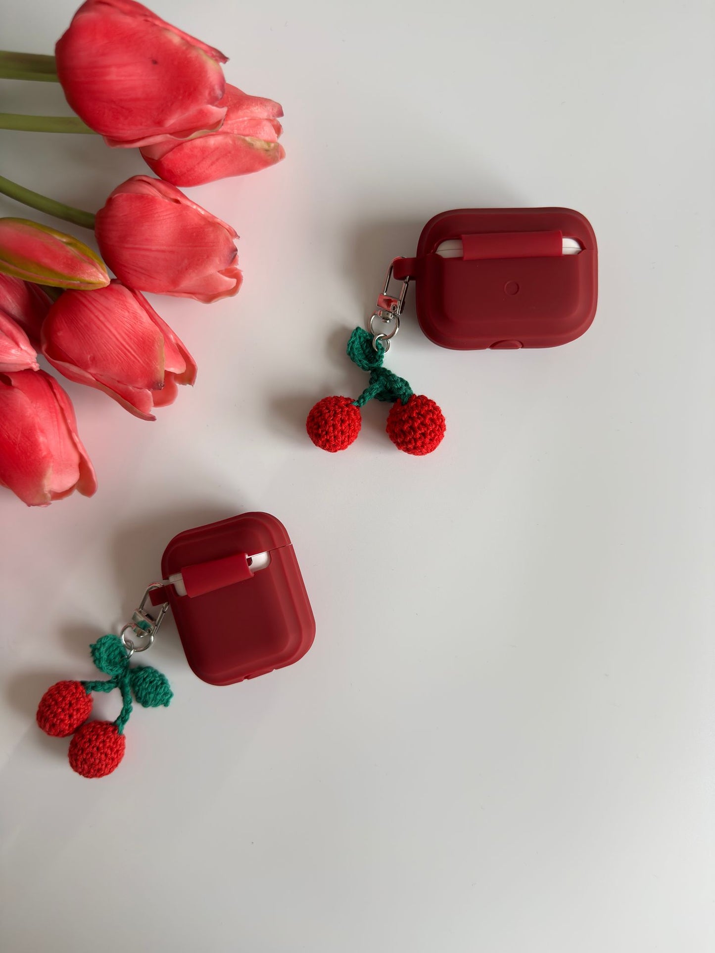 Adorable Burgundy Air pods Case with Cute Crochet Cherries