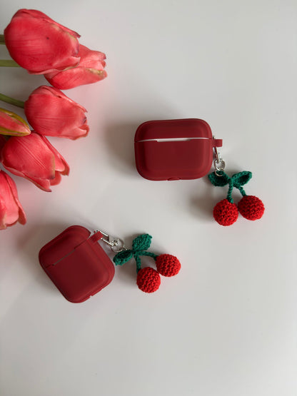 Adorable Burgundy Air pods Case with Cute Crochet Cherries